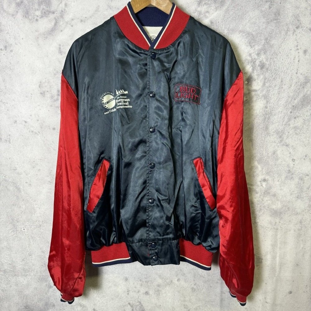 Vintage Bud Light Bomber Jacket Mens XL 80s Satin Blue Bluegrass Festival USA